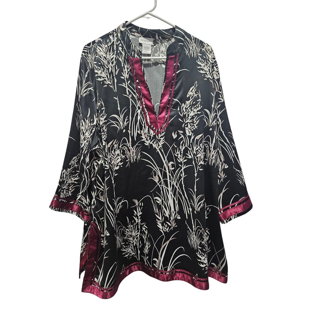 Soft Surroundings Tunic Top 2X Black Botanical Satin Trim Boho Kimono Sleeve